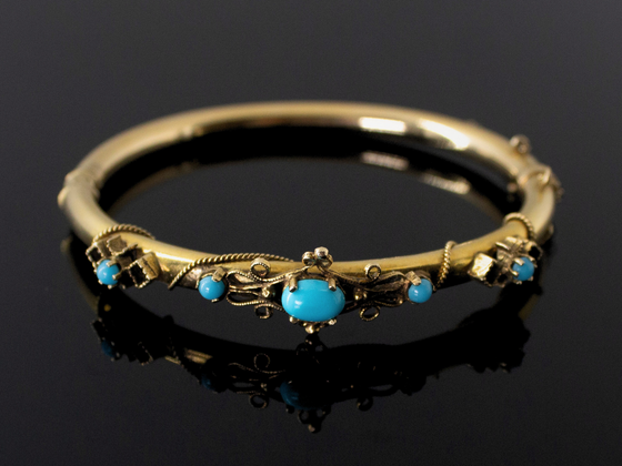 Victorian Turquoise Glass Bangle in 14K Yellow Gold
