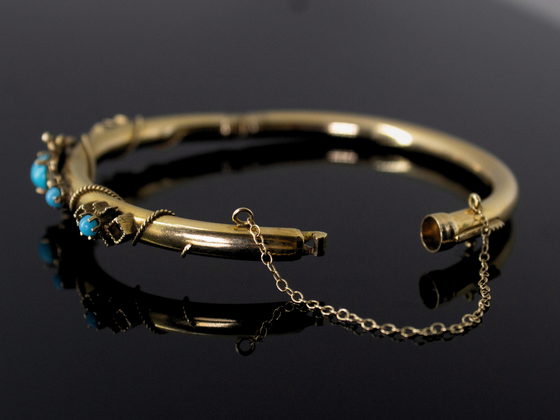 Victorian Turquoise Glass Bangle in 14K Yellow Gold