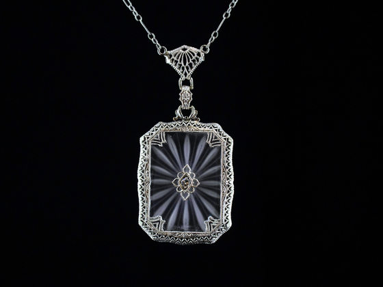 Camphor Glass and Diamond Pendant in 14K White Gold with 17" 10K White Gold Chain