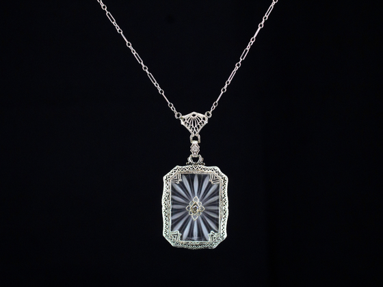 Camphor Glass and Diamond Pendant in 14K White Gold with 17" 10K White Gold Chain