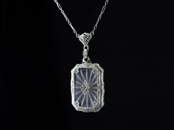 Camphor Glass and Diamond Pendant in 14K White Gold with 17" 10K White Gold Chain