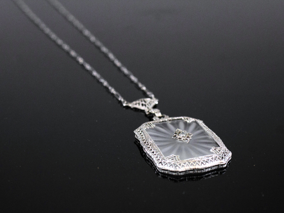 Camphor Glass and Diamond Pendant in 14K White Gold with 17" 10K White Gold Chain