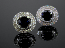  Blue Sapphire and Diamond Halo Earrings in 14K White Gold