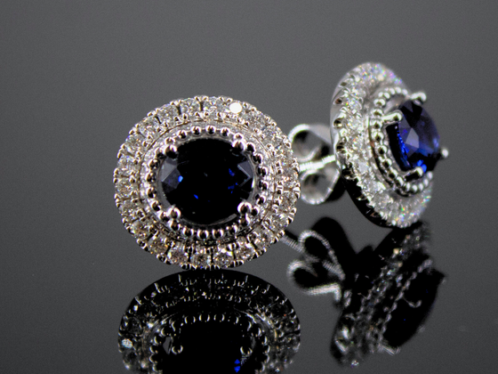 Blue Sapphire and Diamond Halo Earrings in 14K White Gold