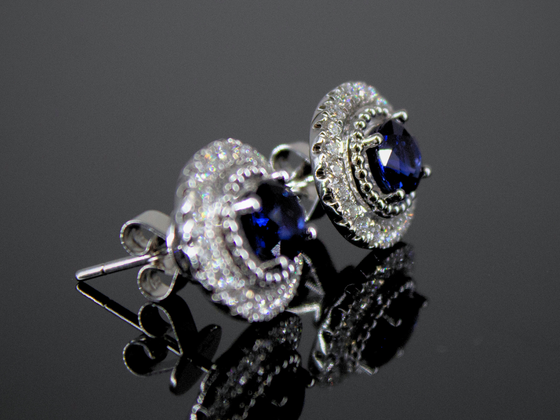 Blue Sapphire and Diamond Halo Earrings in 14K White Gold