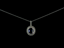  Blue Sapphire and Diamond Halo Necklace in 14K White Gold
