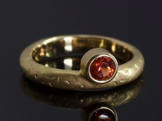 Orange Sapphire Ring with Textured 18K Yellow Gold Band