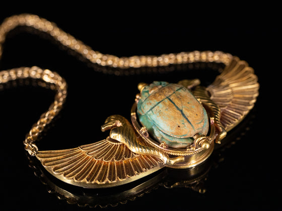 Winged Faience Scarab Egyptian Revival Necklace