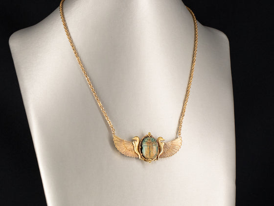 Winged Faience Scarab Egyptian Revival Necklace