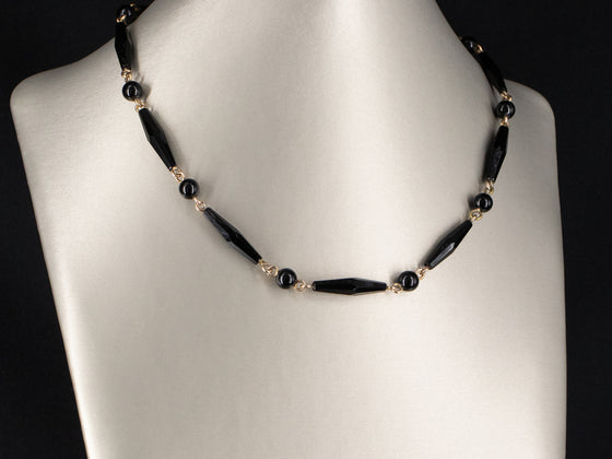 Black Onyx Ball and Rod Necklace in 10K Yellow Gold