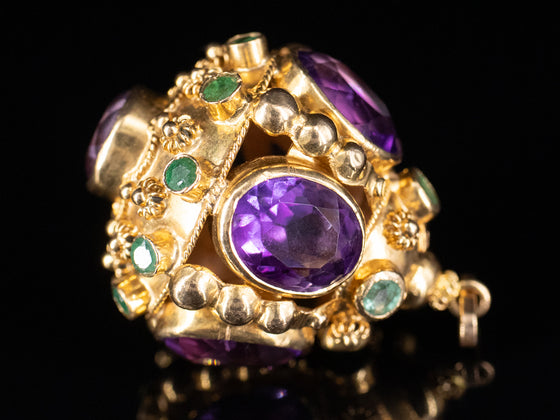 Ornate Amethyst and Emerald Fob in 18K Yellow Gold