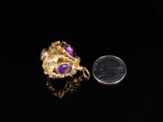 Ornate Amethyst and Emerald Fob in 18K Yellow Gold