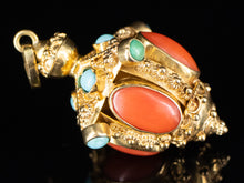 Ornate Coral and Turquoise Fob in 18K Yellow Gold
