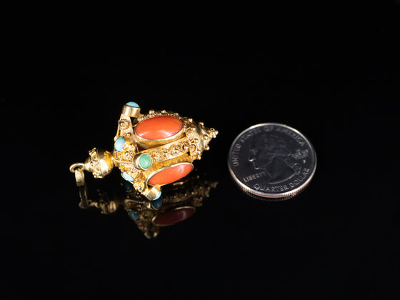 Ornate Coral and Turquoise Fob in 18K Yellow Gold