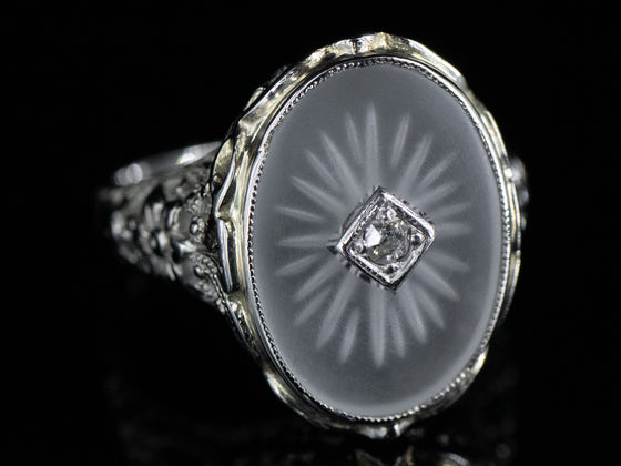 Camphor Glass Ring with Diamond Accent in 18K White Gold