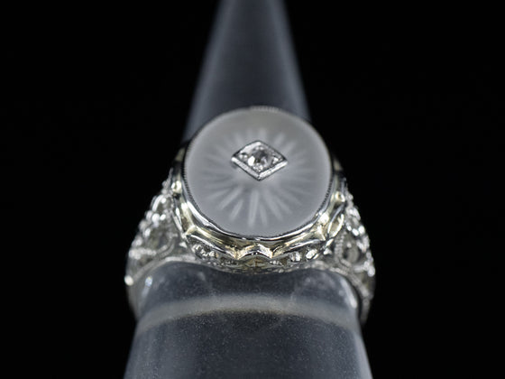 Camphor Glass Ring with Diamond Accent in 18K White Gold