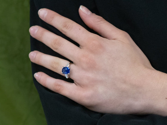 Three Stone Sapphire and Baguette Diamond Ring in 14K White Gold