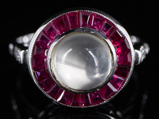 Moonstone and Ruby Halo Ring with Diamond Shoulders in 14K White Gold