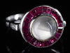 Moonstone and Ruby Halo Ring with Diamond Shoulders in 14K White Gold