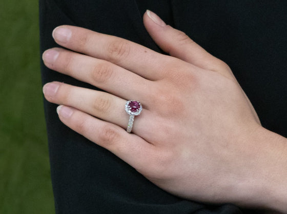 Ruby Ring with Diamond Halo and Shoulders in Platinum