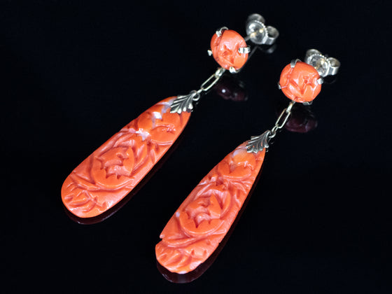 Rose Impression Carved Coral Drop Earrings in 14K Yellow Gold