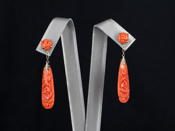 Rose Impression Carved Coral Drop Earrings in 14K Yellow Gold