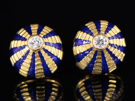Tiffany and Co. Schlumberger Blue Enamel Stud Earrings with Diamond Accents in 18K Yellow Gold