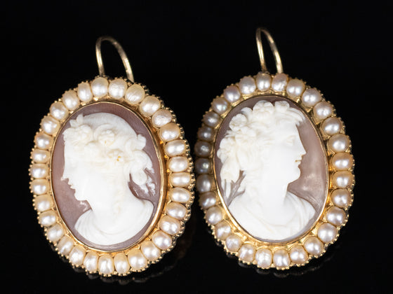 Bacchus Cameo Brooch and Earrings Set in 14K Yellow Gold