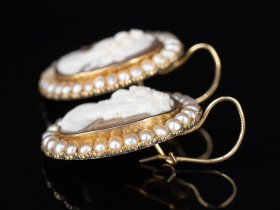 Bacchus Cameo Brooch and Earrings Set in 14K Yellow Gold