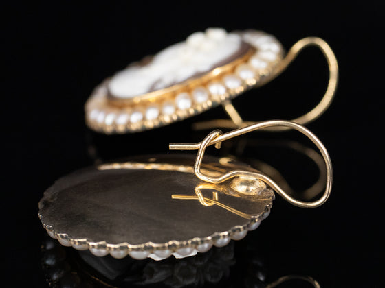 Bacchus Cameo Brooch and Earrings Set in 14K Yellow Gold