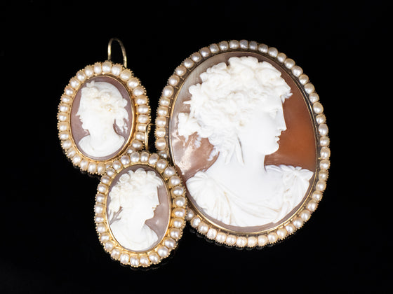 Bacchus Cameo Brooch and Earrings Set in 14K Yellow Gold