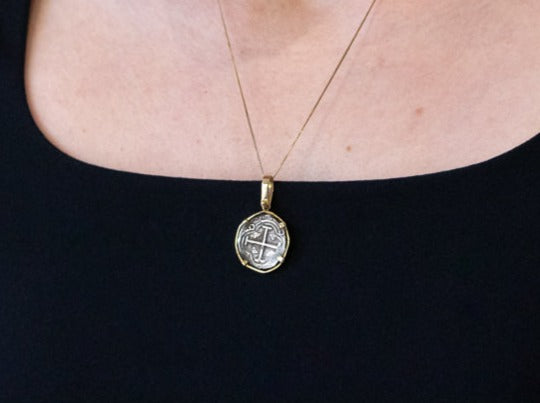 Authentic 18th Century Spanish Colonial Cob Coin Pendant in 14K Yellow Gold