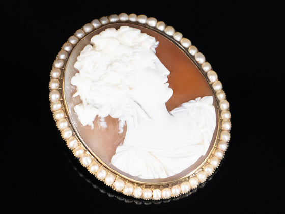 Bacchus Cameo Brooch and Earrings Set in 14K Yellow Gold