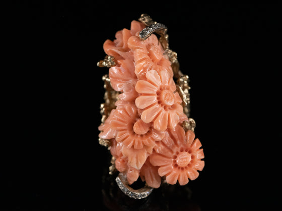 Vintage 14K Gold Long Floral Carved Coral Ring - Diamond Accent Details