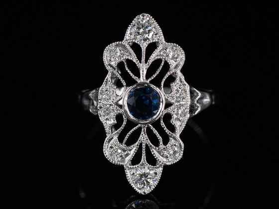 The Cordelia Sapphire and Diamond Navette Ring in 14K White Gold