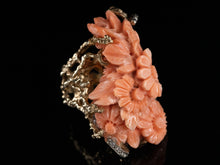  14K Gold Long Floral Carved Coral Ring - Vintage Design with 11 Diamond Accents