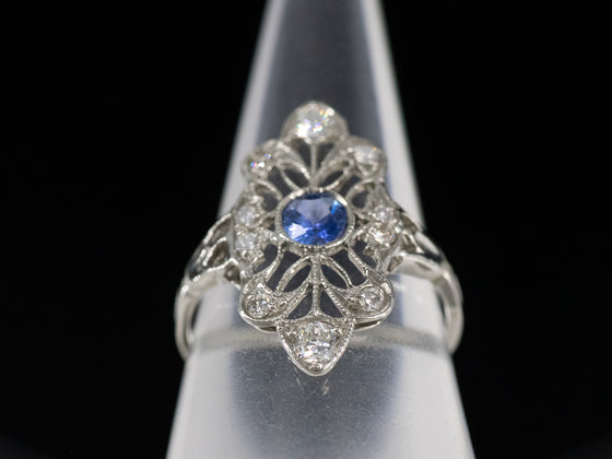 The Cordelia Sapphire and Diamond Navette Ring in 14K White Gold