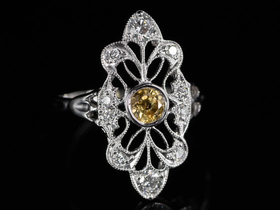 The Cordelia Yellow Sapphire and Diamond Navette Ring in 14K White Gold