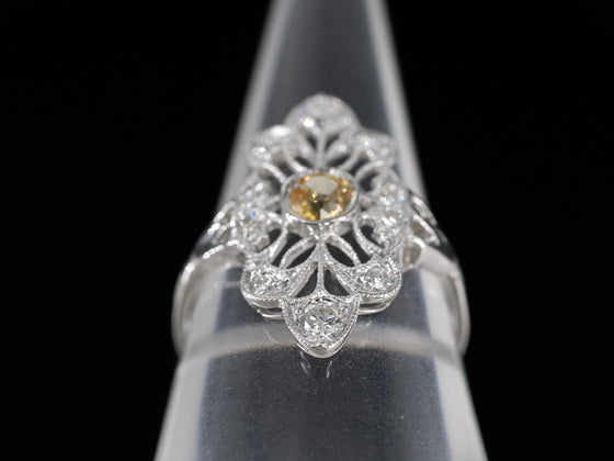 The Cordelia Yellow Sapphire and Diamond Navette Ring in 14K White Gold