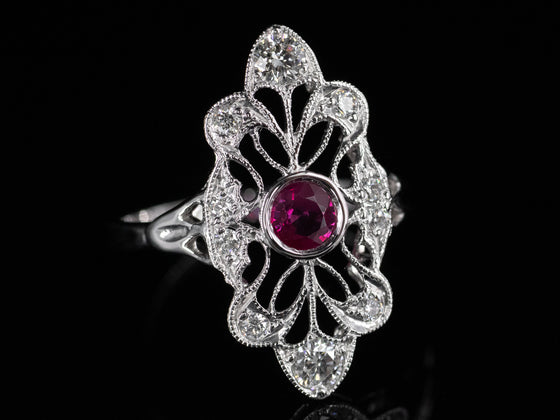The Cordelia Ruby and Diamond Navette Ring in 14K White Gold