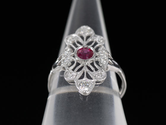 The Cordelia Ruby and Diamond Navette Ring in 14K White Gold