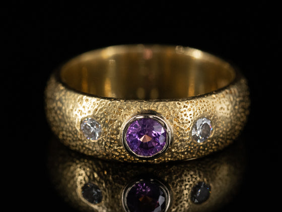 Three Stone Pink Sapphire and Diamond Ring in 18K Yellow Gold