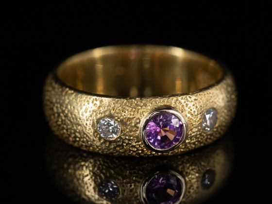 Three Stone Pink Sapphire and Diamond Ring in 18K Yellow Gold