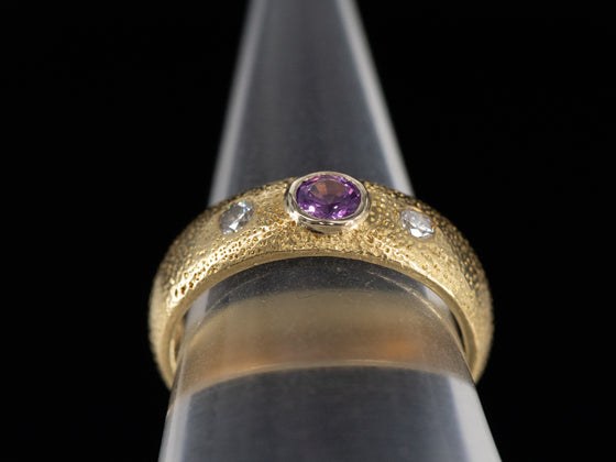 Three Stone Pink Sapphire and Diamond Ring in 18K Yellow Gold