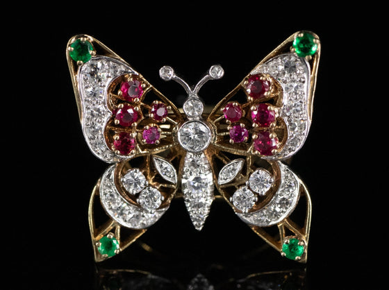 Whimsical Ruby, Emerald, and Diamond Butterfly Ring in 14K Yellow and White Gold