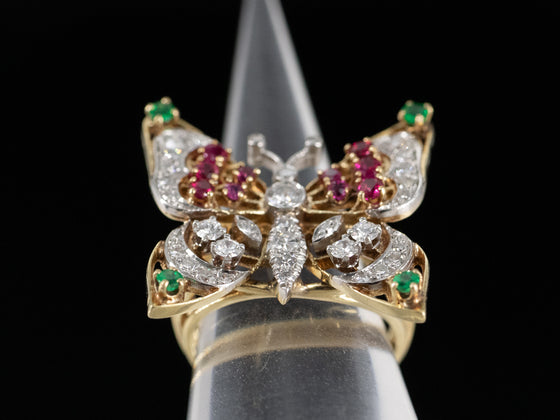 Whimsical Ruby, Emerald, and Diamond Butterfly Ring in 14K Yellow and White Gold