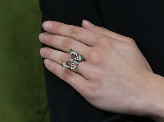 Whimsical Ruby, Emerald, and Diamond Butterfly Ring in 14K Yellow and White Gold