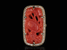  Floral Carved Coral Ring with Seed Pearl Halo in 14K Yellow Gold
