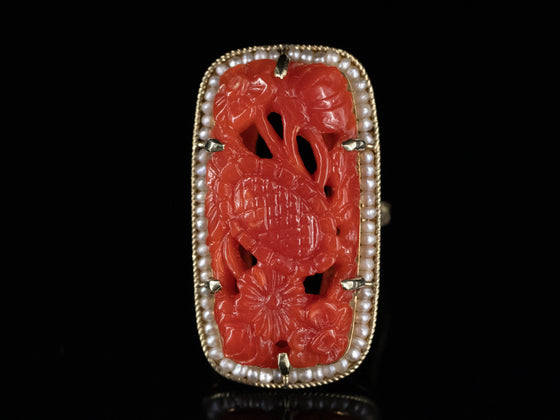 Floral Carved Coral Ring with Seed Pearl Halo in 14K Yellow Gold
