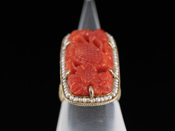 Floral Carved Coral Ring with Seed Pearl Halo in 14K Yellow Gold
